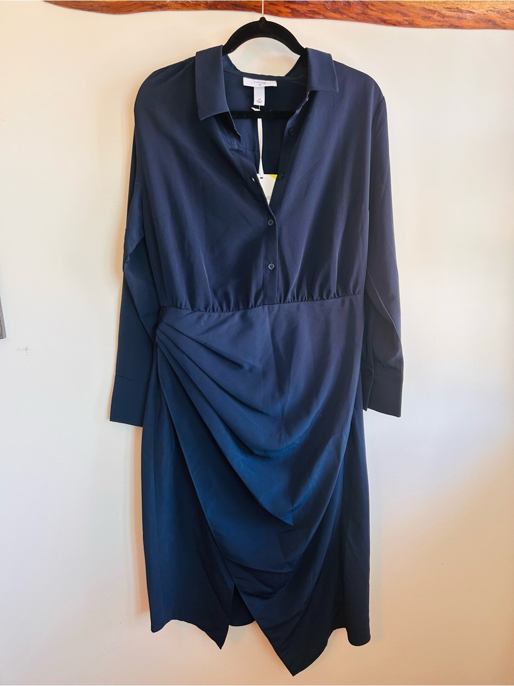 Cushnie Navy Long-Sleeve Draped Shirt Dress